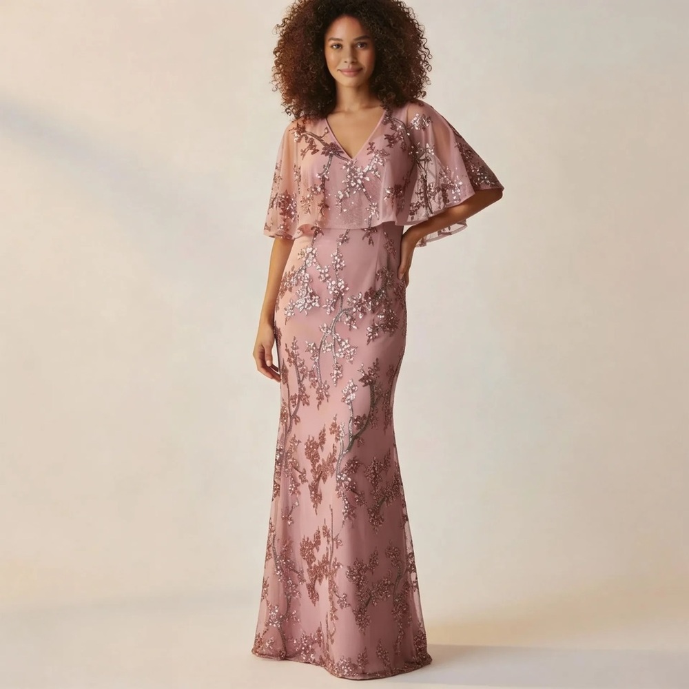 NWT R&M Richard’s Rose Sequin Embellished Cape Flutter Sleeve Maxi 10P